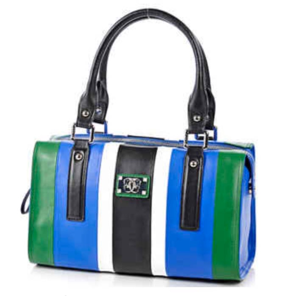 SATCHEL, LEATHER, STRIKING BLUE-GREEN-WHITE-BLACK, TOP ZIP CLOSURE, TWIN LEATHER